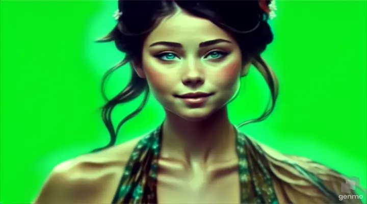 A woman in a swimsuit with turquoise eyes smiles and puffs out her cheeks and looks away, intricate floral patterns and bold lines, 