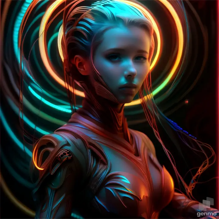 a woman in a futuristic suit with neon lights around her