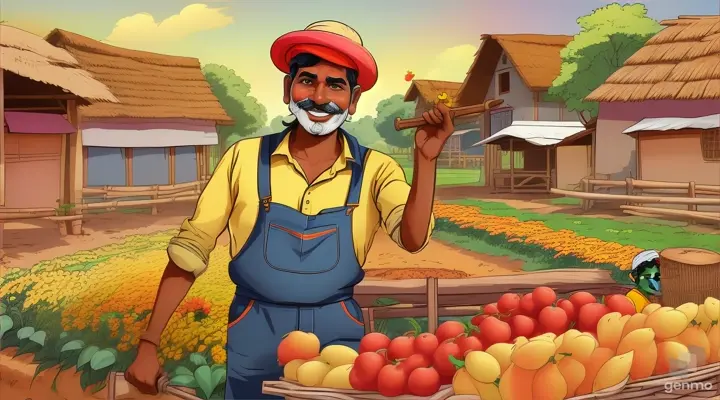 playfull cartoon of one poor indian farmer in a farm in india ,in 16:9 ratio