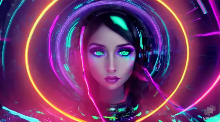 Female DJ in futuristic neon-lit spaceship, music waves echoing through space as galaxies swirl by