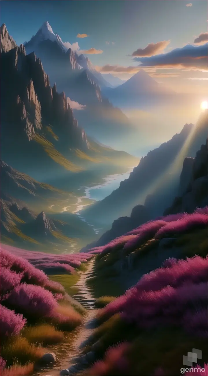 a painting of a mountain landscape with pink flowers ultra reyalastic HD colorfull 8k