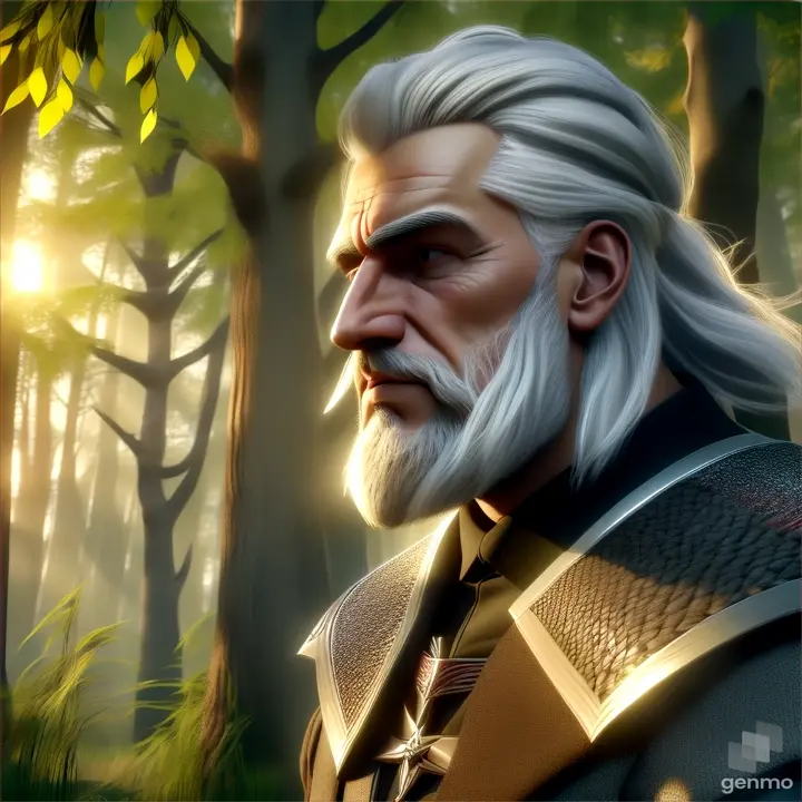 a man with white hair and a beard in a forest