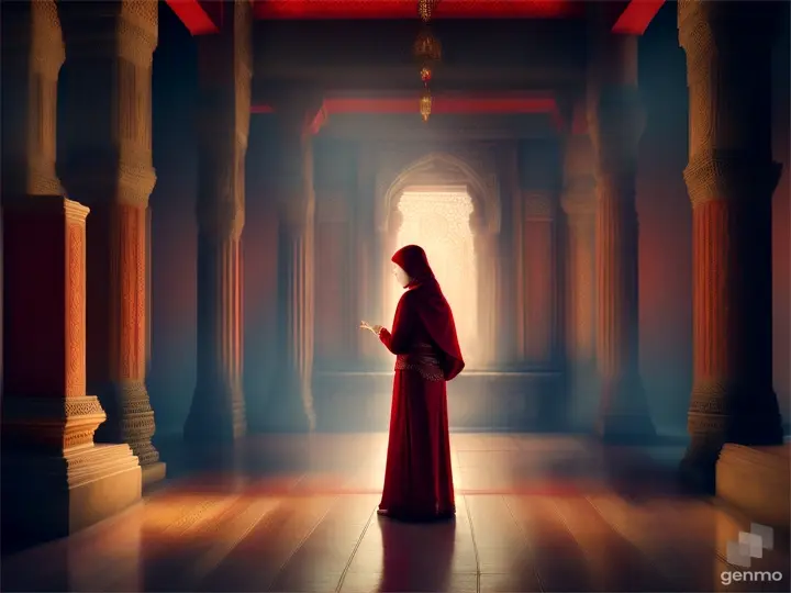 Woman in red hijab and old shaman in temple