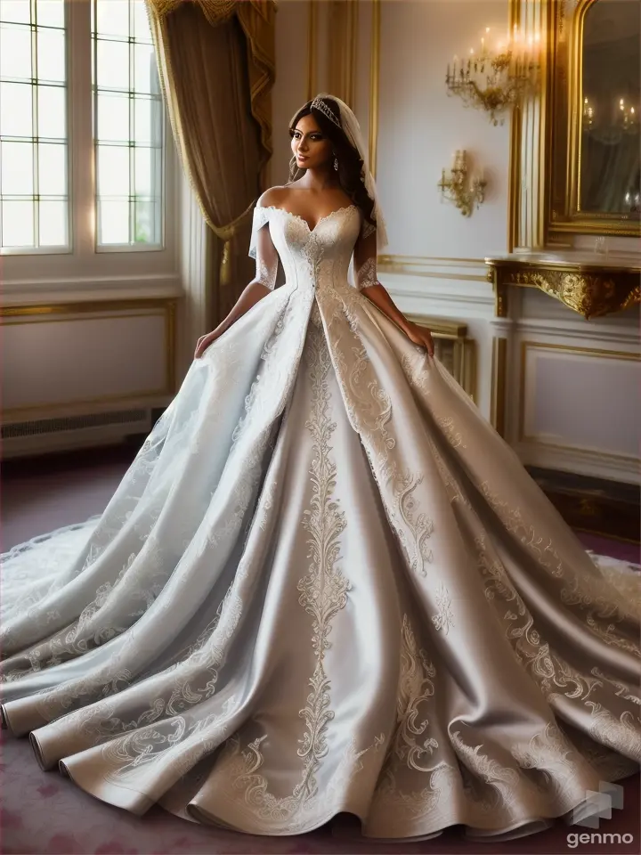 A stunning wedding dress valued at 3000$, featuring a long flowing train and an open-back design, intricate lace and beading details, a classic and luxurious ballroom setting, evoking a sense of elegance and sophistication, Photography, realistic with a DSLR camera using a 50mm lens, --ar 4:5 --v 6