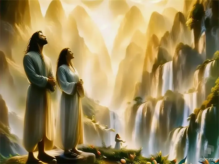 a painting of two people standing in front of a waterfall