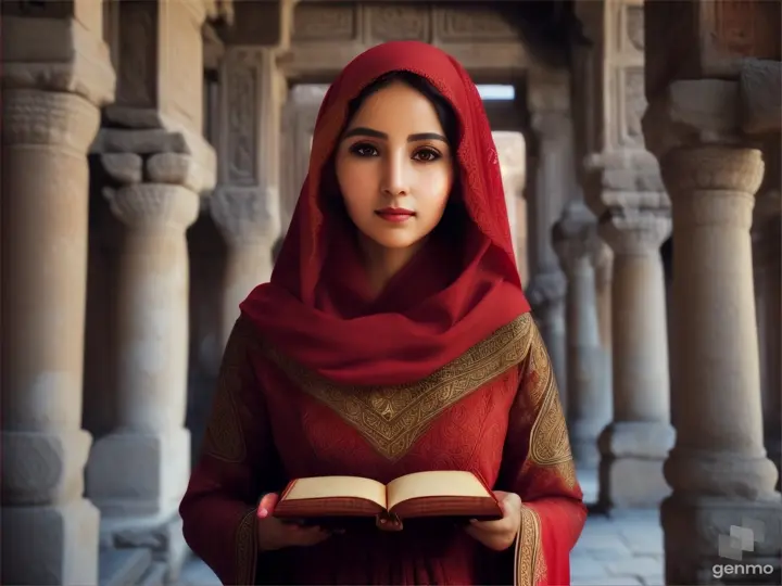 Woman in red hijab with ancient book in temple