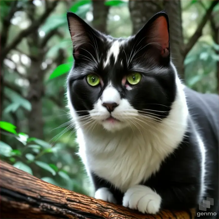 Kucing dengan warna hitam putih yang sangat indah duduk berjalan di batang pohon hutan hijau