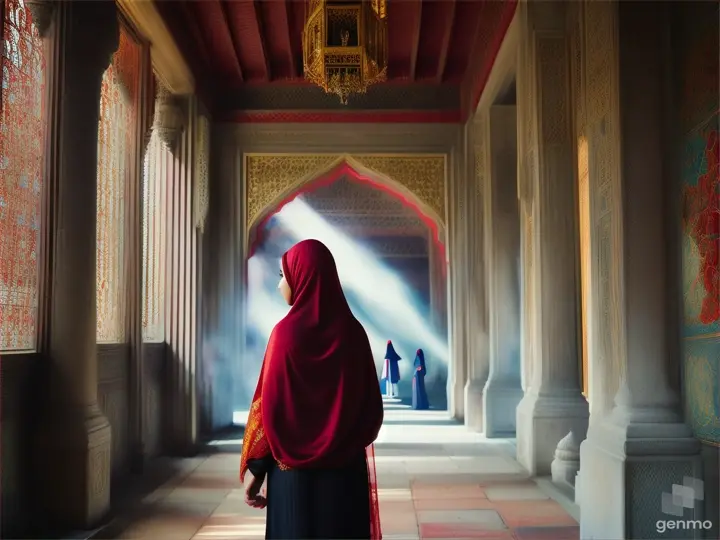 Woman in red hijab and ghost in temple