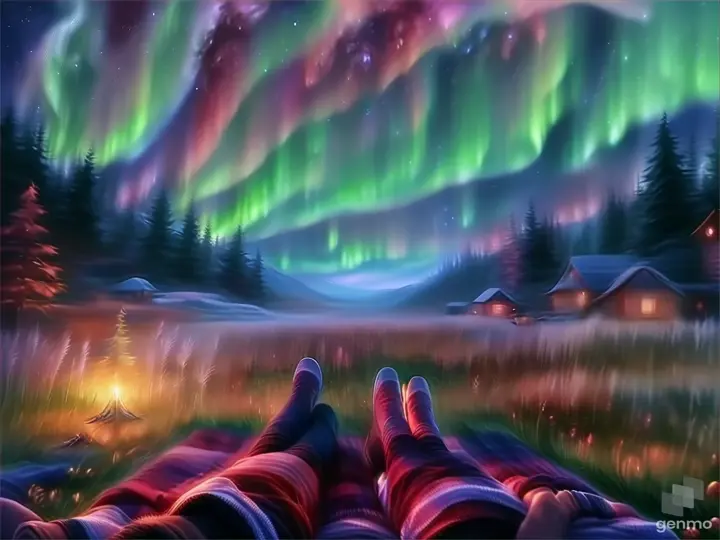 a painting of a person laying on a blanket under the aurora bore