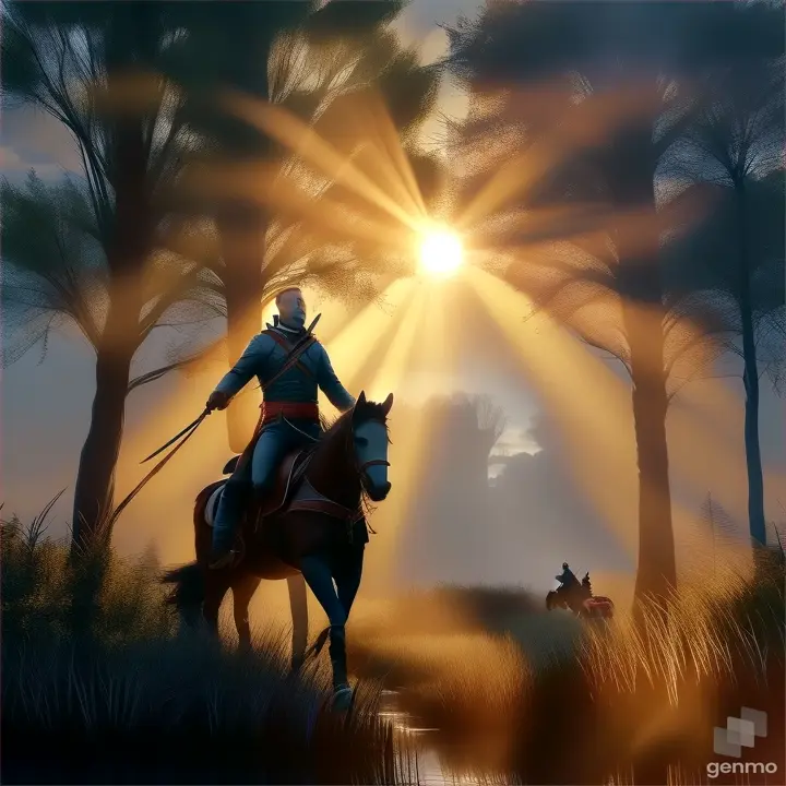 a man riding on the back of a horse next to a forest