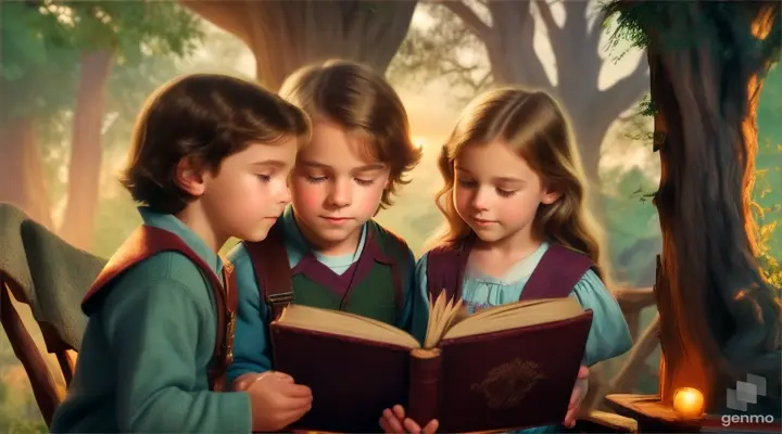 Lily and Tom discovering the dusty old book hidden in the corner of the treehouse.