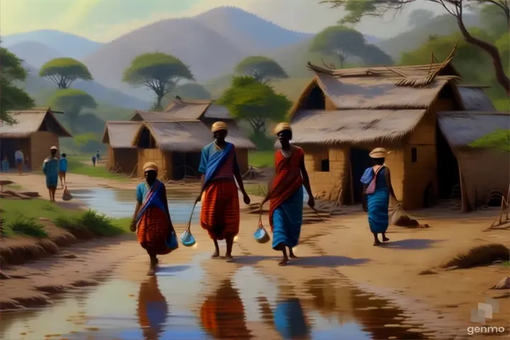 a group of people walking across a river