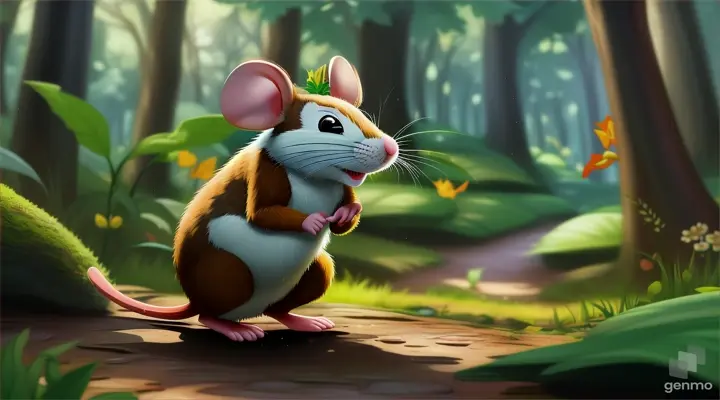 a playfull cartoon of a mouse in a forest in 16:9 ratio