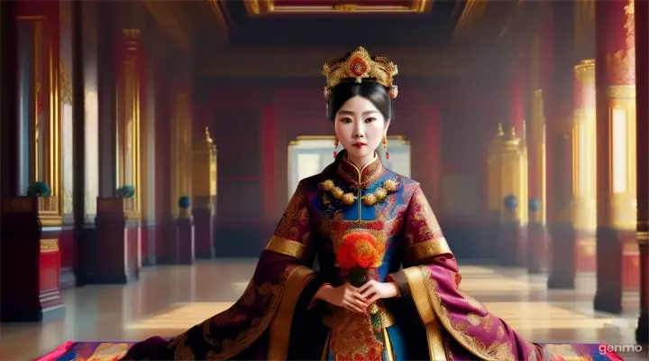 The image shows a character with a blurred face. Surrounded by the environment of the Chinese Dynasty Hall, the character is a beautiful female emperor, smiling happily. The head of the person in the picture was covered. There is a crown-like ornament on the head that looks luxuriously decorated. It had a luxuriously decorated appearance, with long flowing hair, large blue eyes, a slight smile, and wearing exquisite gold jewelry. horizontal image