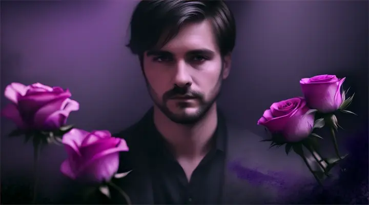 Portrait of a man with ink-splattered background and violet roses in foreground