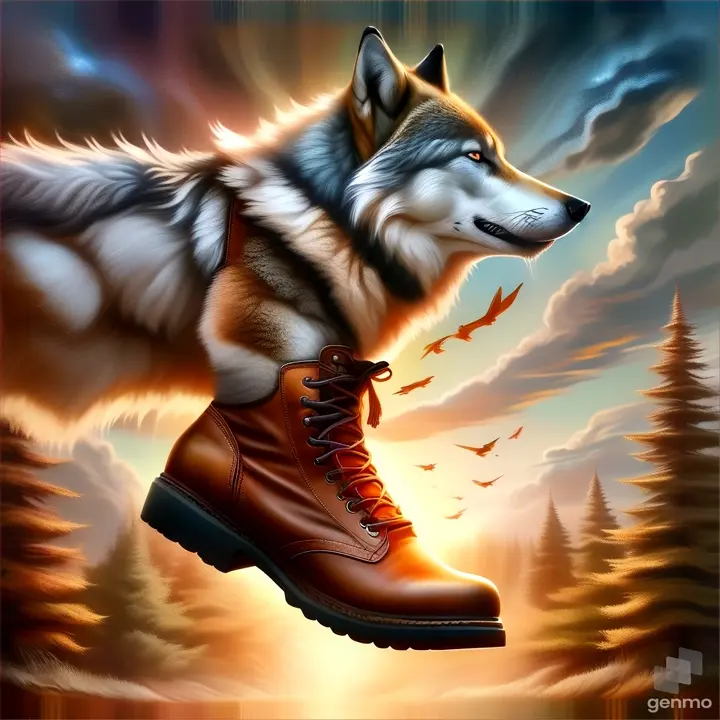 a painting of a wolf with a pair of boots