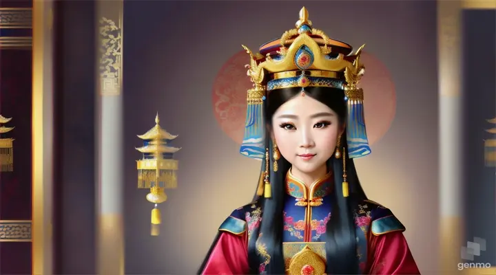 The image shows a character with a blurred face. Surrounded by the environment of the Chinese Dynasty Hall, the character is a beautiful female emperor, smiling happily. The head of the person in the picture was covered. There is a crown-like ornament on the head that looks luxuriously decorated. It had a luxuriously decorated appearance, with long flowing hair, large blue eyes, a slight smile, and wearing exquisite gold jewelry. horizontal image