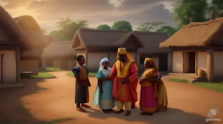 “on 16.9 landscape setting Illustrate the the moment of reconciliation between the two families without indian head coverings, with smiles and gestures of peace, symbolizing their agreement to share the land."typical igbo village in eastern Nigeria. magical, fairytale, highly detailed, professional colours, soft lighting, realistic ,”