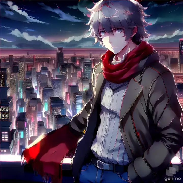 Gaster, with gray hair, gray eyes, bright red scarf, gray jacket, dark coat, and blue jeans, standing on a rooftop overlooking the city at night, with neon lights flickering in the background. His expression should exude confidence and mystery as he gazes out at the city