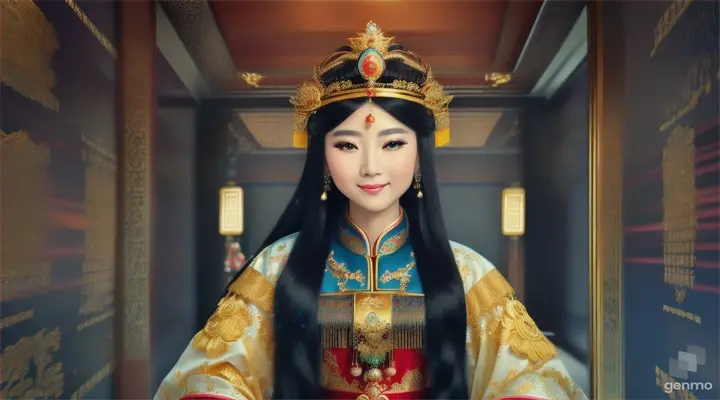 The image shows a character with a blurred face. Surrounded by the environment of the Chinese Dynasty Hall, the character is a beautiful female emperor, smiling happily. The head of the person in the picture was covered. There is a crown-like ornament on the head that looks luxuriously decorated. It had a luxuriously decorated appearance, with long flowing hair, large blue eyes, a slight smile, and wearing exquisite gold jewelry. horizontal image