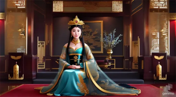 The image shows a character with a blurred face. Surrounded by the environment of the Chinese Dynasty Hall, the character is a beautiful female emperor, smiling happily. The head of the person in the picture was covered. There is a crown-like ornament on the head that looks luxuriously decorated. It had a luxuriously decorated appearance, with long flowing hair, large blue eyes, a slight smile, and wearing exquisite gold jewelry. horizontal image