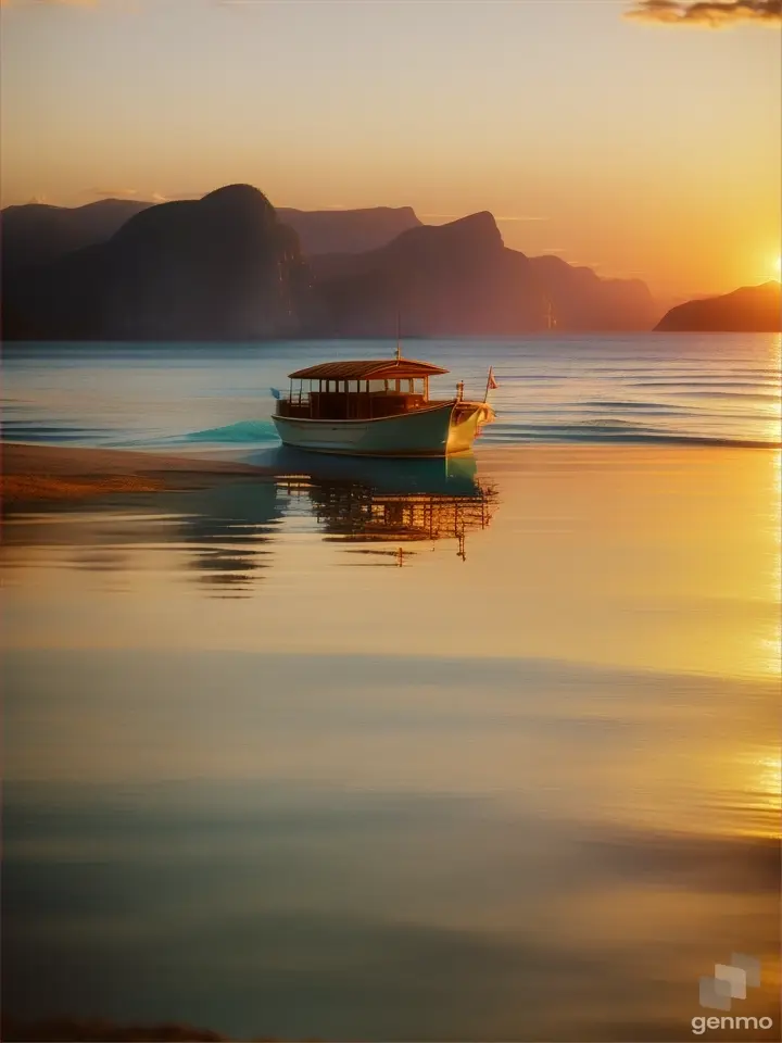 a Man and a blonde woman in a small motorboat; boat travels toward a deserted island in the distance