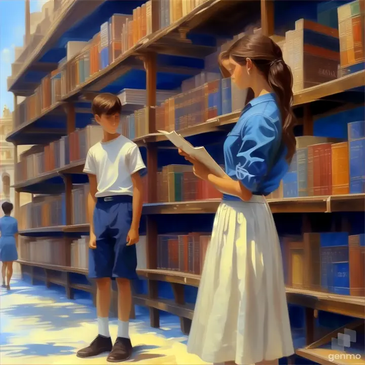 a painting of a boy and girl standing in front of a bookshelf