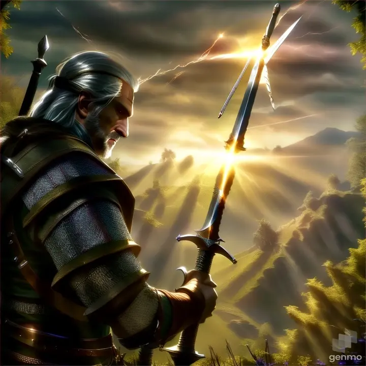 the witcher holding a sword in a forest
