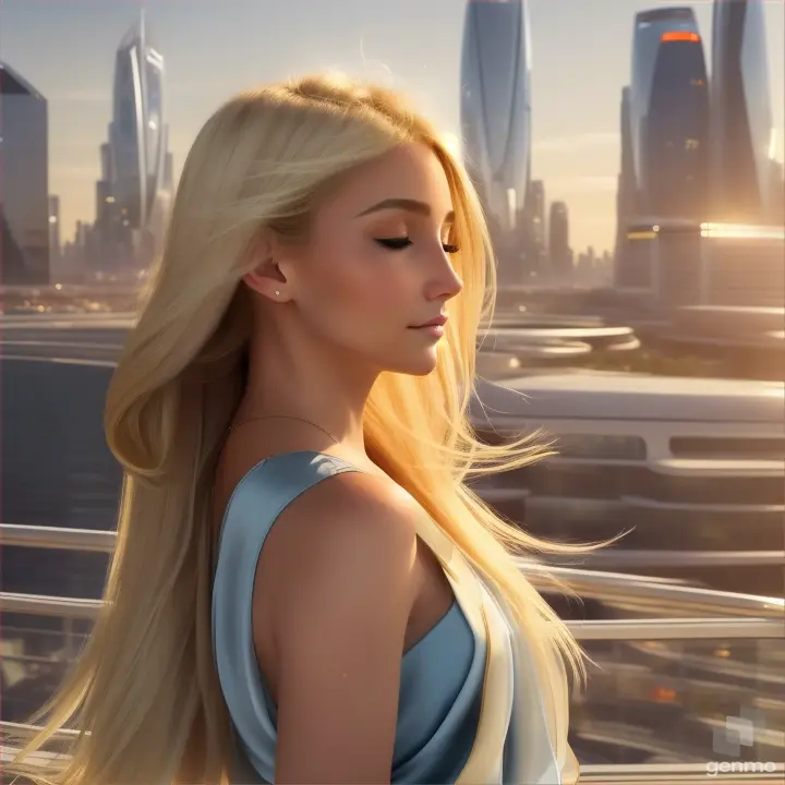 lively natural European girl opens/closes her eyes, her blonde hair fluttering in the wind and a silky scarf, a high-tech cityscape with skyscrapers is visible on the horizon