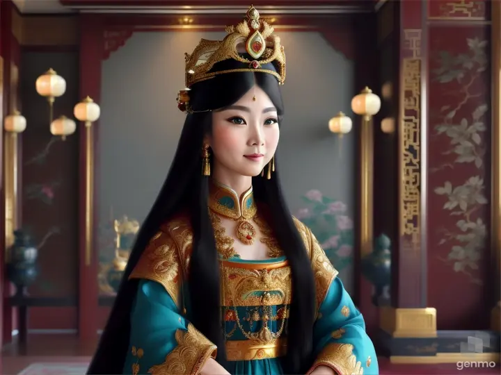 The image shows a character with a blurred face. Surrounded by the environment of the Chinese Dynasty Hall, the character is a beautiful female emperor, smiling happily. The head of the person in the picture was covered. There is a crown-like ornament on the head that looks luxuriously decorated. It had a luxuriously decorated appearance, with long flowing hair, large blue eyes, a slight smile, and wearing exquisite gold jewelry. horizontal image