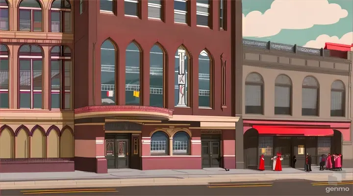 create an colorful cartoon video of a 1920's church in black wall street Tulsa. Its a red 2 story brick older building