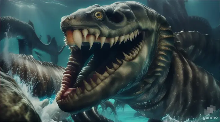 sea monster roar, his face facing the camera 