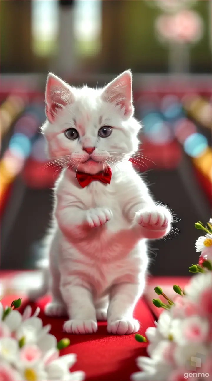 Very cute and tiny Little baby white kitten, newly born, very cute and tiny size,  wearing school dress of a baby boy just like a baby boy, walking on red stage, the audience is clapping, beutiful background of flowers bouquet ,perfect prominent features, very bright colourful, perfect and prominent features with perfect animations, one of a kind, unique, masterpiece artwork, enjoyable, 8K, 9:16 ratio