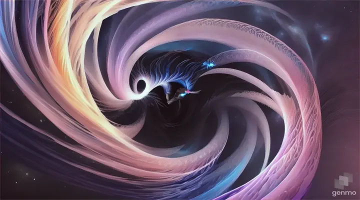 Twin alien mythical ghost Siamese fighting dragon fish shaped like night & day a star is born in a nebulous cloud, a black hole is created from the death of an orbiting star floating in a gas cloud in the cosmos a holographic nebula, swimming around each-other in a spiraling motion, eating one another’s tail in a yin-yang, 32K HD HDR masterpiece
