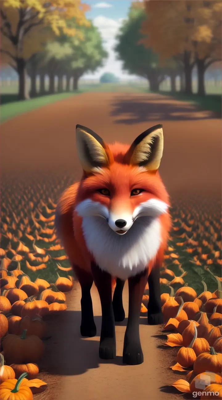 AN ANIMATED FOX IN A PUMPKIN'S FIELD