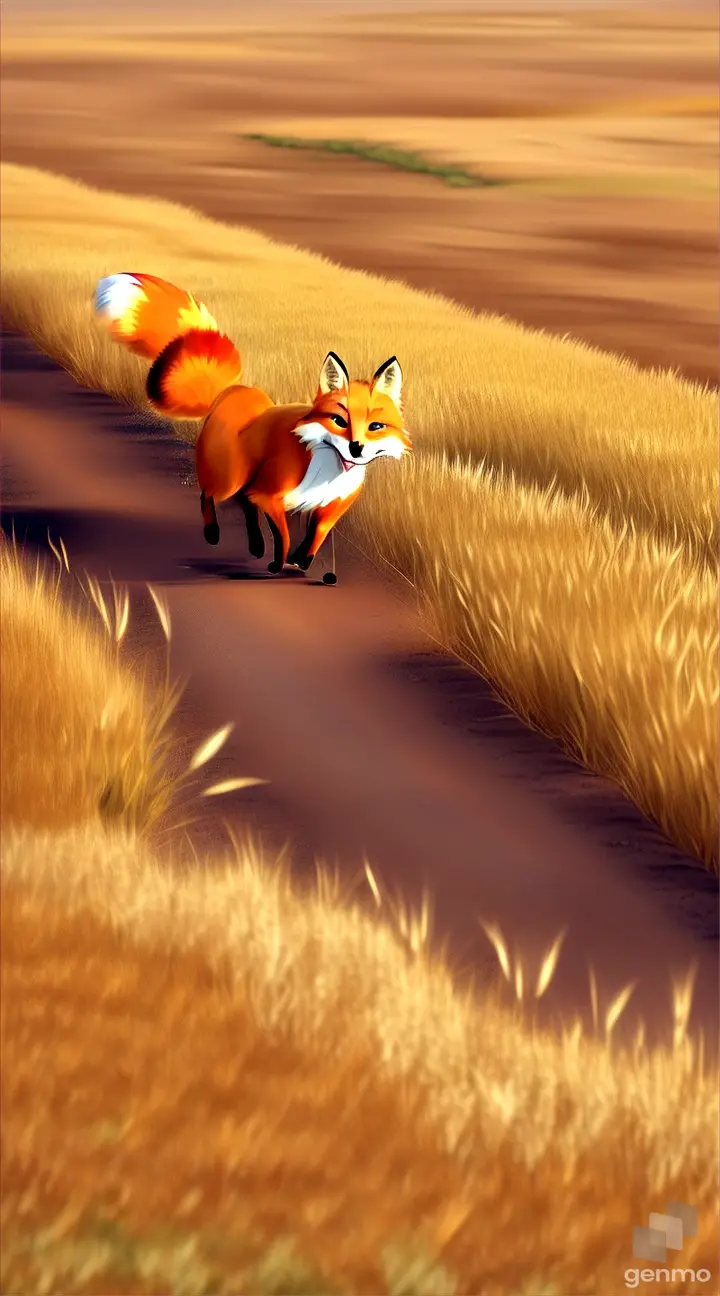 AN ANIMATED  FOX  WENT IN A WHEAT FIELD WITH FIRE ON HER TAIL