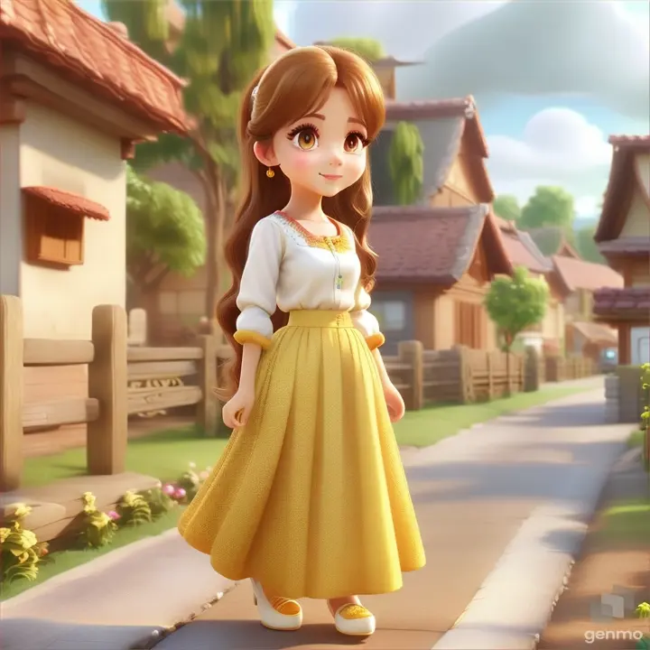  a beautiful girl wearing a   light  yellow long  skirt and white blouse , long hair big eyes, wearing slipper  3D standin g in a village  animation cartoon zoom out   ndian style zoom out 