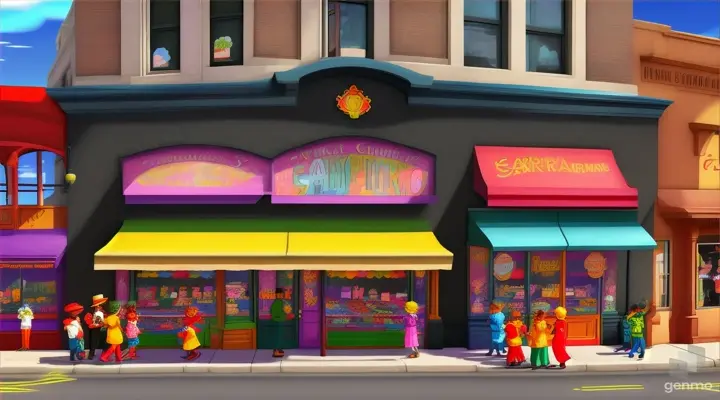 Fixed prompt create a colorful cartoon clear image of a 1920's of a grocery store with a canopy outside downtown black wall street neighborhood.  Blacl families are waling by the store on the sidewalk