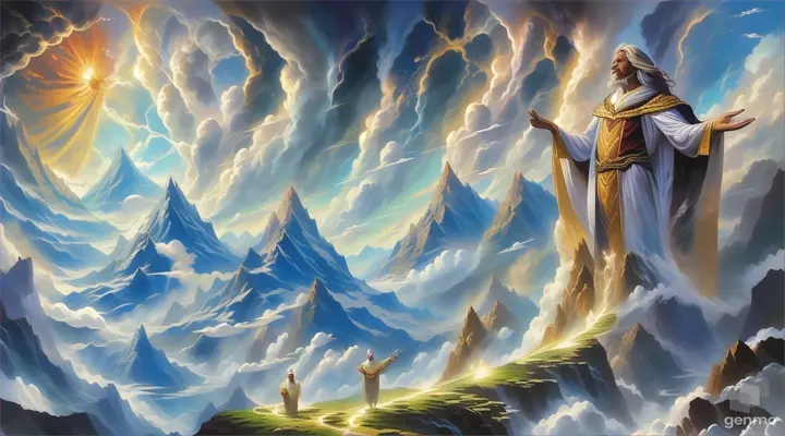 a painting of a man standing on top of a mountain