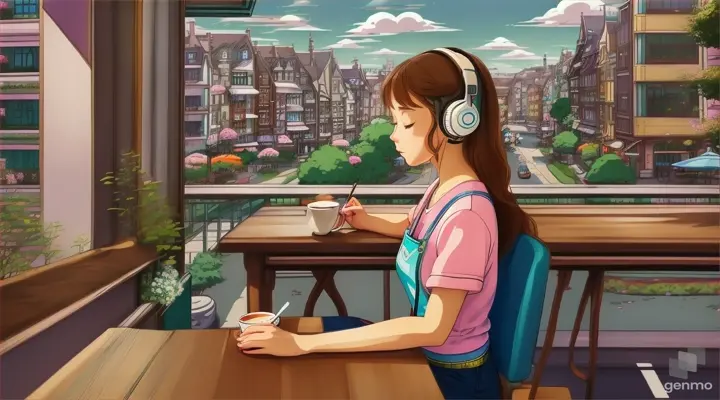 A beautiful girl sits at the corner of a coffee shop, her headphones on as she studies. The vibrant cityscape behind her is a perfect backdrop for her focused expression. The Studio Ghibli style adds a whimsical touch to the image, making it stand out from the rest, size 1280x720