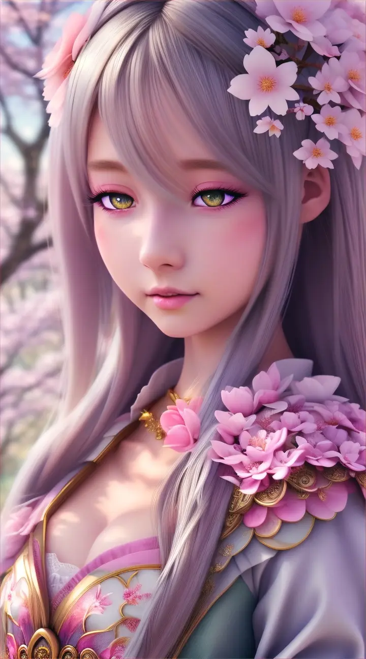 Beautiful anime girl in fantasy style with Sakura flowers and Snow in the background, closed up