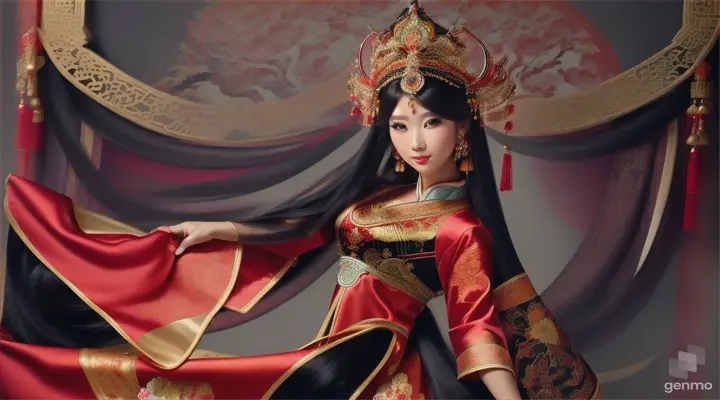 The image shows a character with a blurred face. Surrounded by the environment of the Chinese Dynasty Hall, the character is a beautiful female neck, sleeve, makeover, kimono, fashion design, beauty, jewellery, event, shimada, tradition dressed in a costume and headdressemperor, smiling happily. The head of the person in the picture was covered. There is a crown-like ornament on the head that looks luxuriously decorated. It had a luxuriously decorated appearance, with long flowing hair, large blue eyes, a slight smile, and wearing exquisite gold jewelry. horizontal image