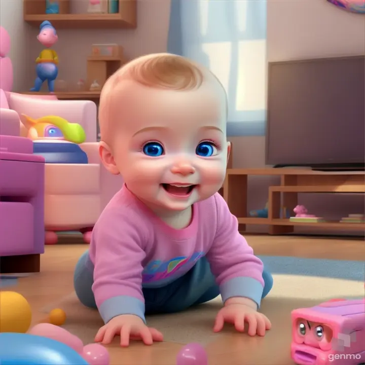 Animated baby with blue eyes and pink complexion blinking while smiling in a room surrounded by toys, sitting on the floor.