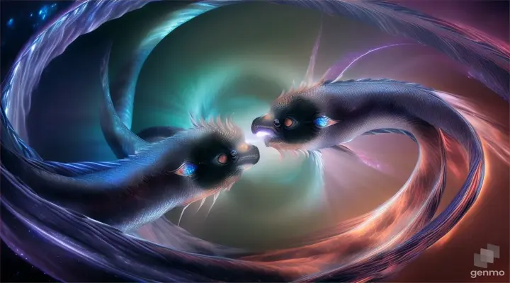 Twin alien mythical ghost Siamese fighting dragon fish shaped like night & day a star is born in a nebulous cloud, a black hole is created from the death of an orbiting star floating in a gas cloud in the cosmos a holographic nebula, swimming around each-other in a spiraling motion, eating one another’s tail in a yin-yang, 32K HD HDR masterpiece