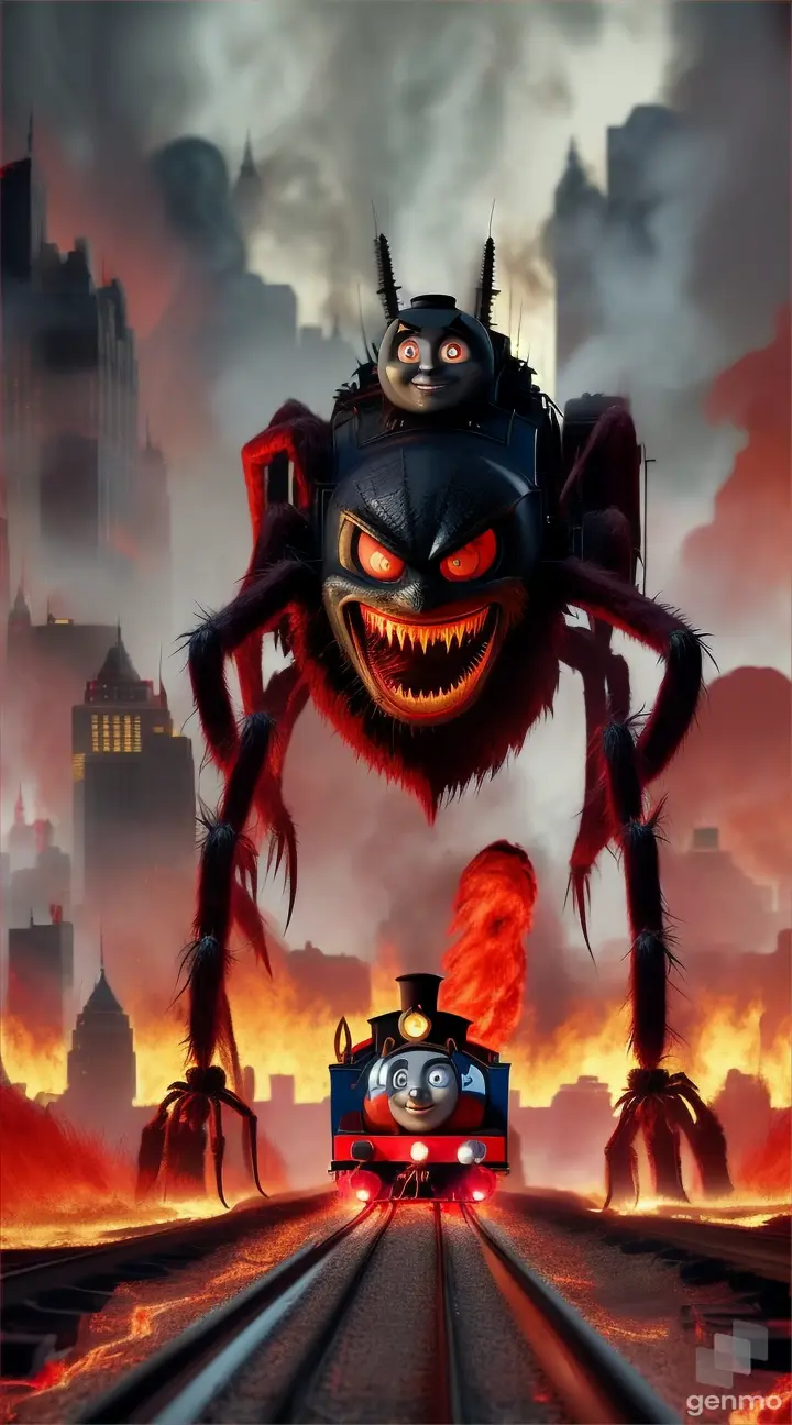 A creepiest Thomas tank engine with giant spider legs, big sharp teeth scary in New York, cursed skin red meat , flames, cartoon style, bright colors
