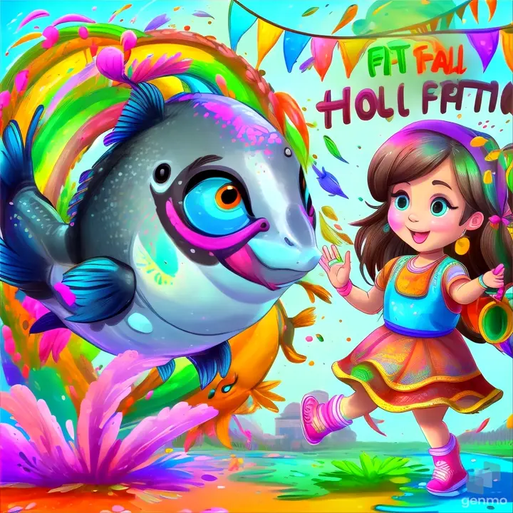 a girl and a fish in front of a holi festival sign