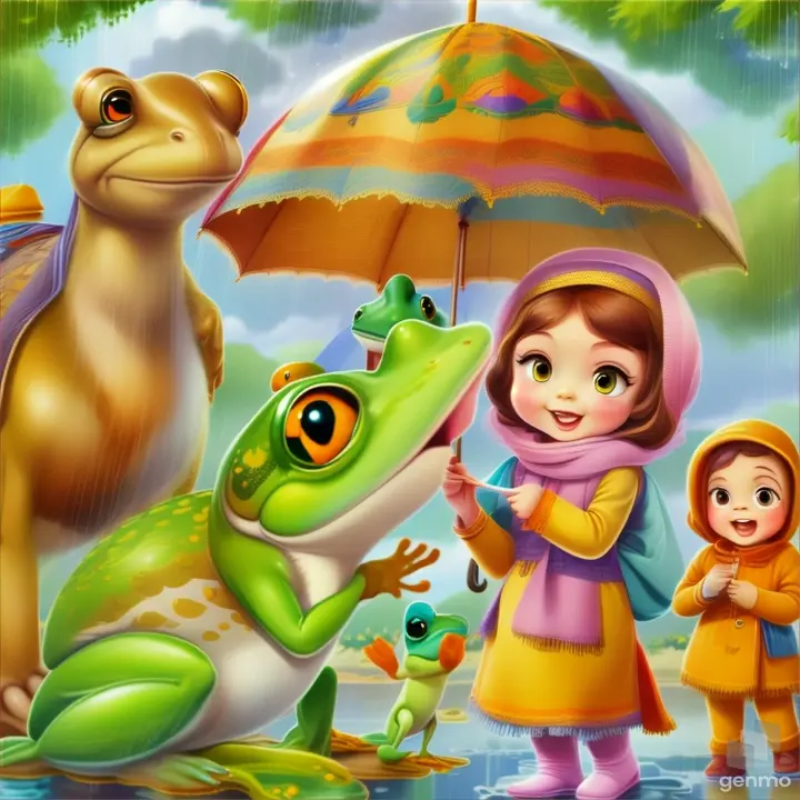 a little girl is holding an umbrella next to a frog