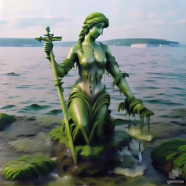 a statue of a woman holding a sword in the water