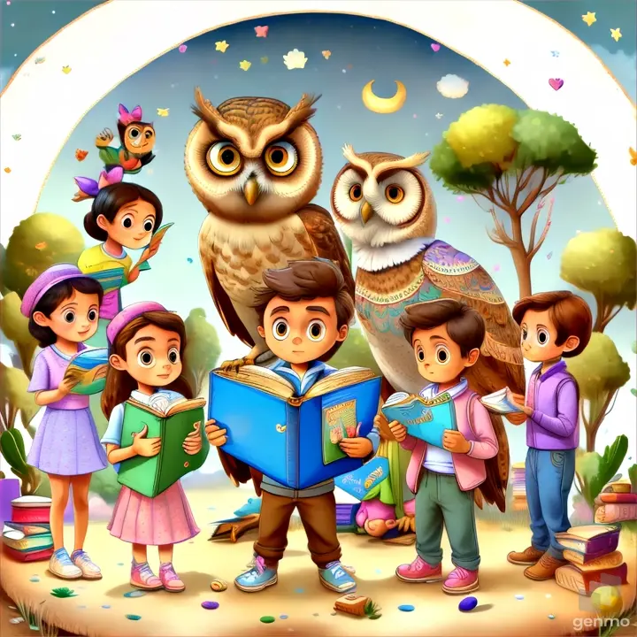 a group of children standing around an owl reading a book