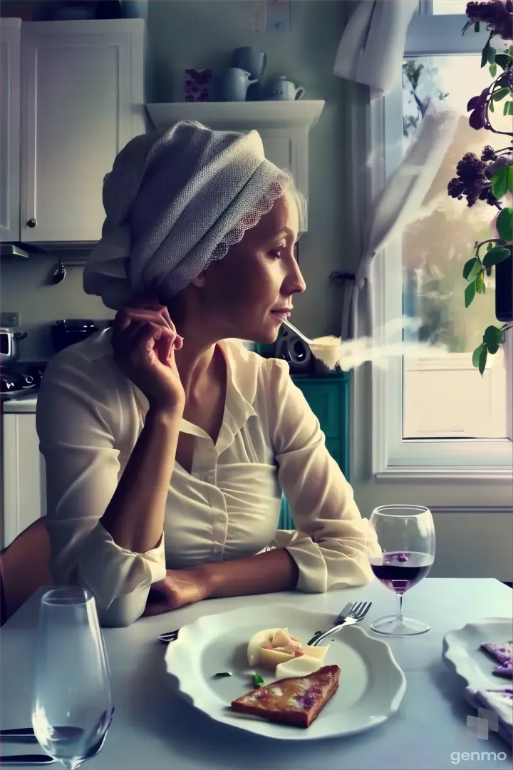 a woman sitting at a table with a plate of food, another glass of wine